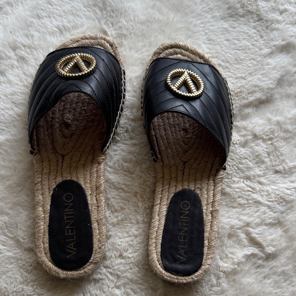 Valentino Black and Gold Espadrille Sandals